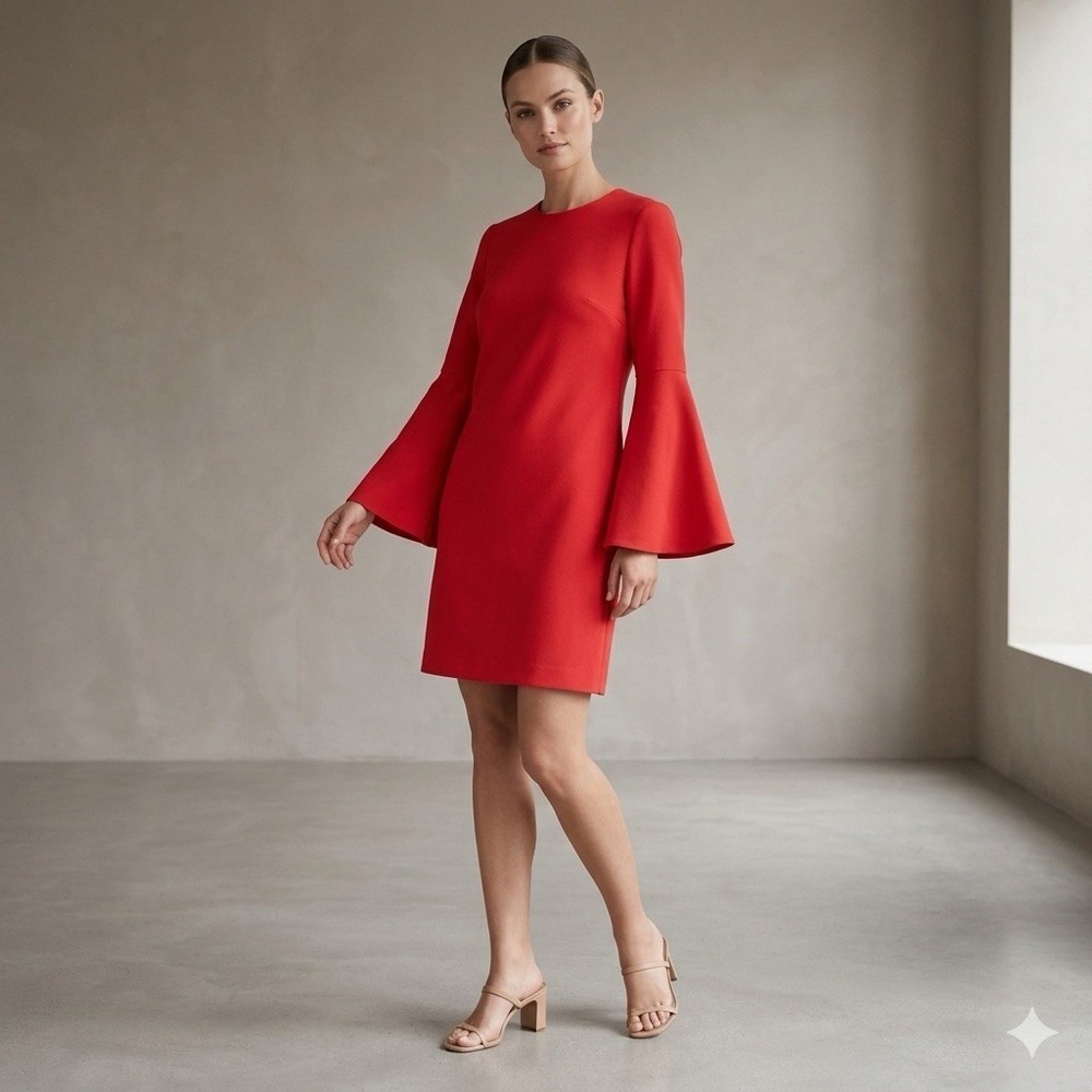 Worth New York Dress Women's 12 Red Bell Sleeve Shift Career Stretch Elegant